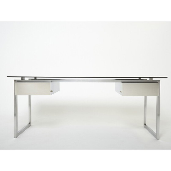 Image 1 of Vintage-Schreibtisch aus gebürstetem Edelstahl und grauem Rauchglas von Patrice Maffei für Kappa, 1970