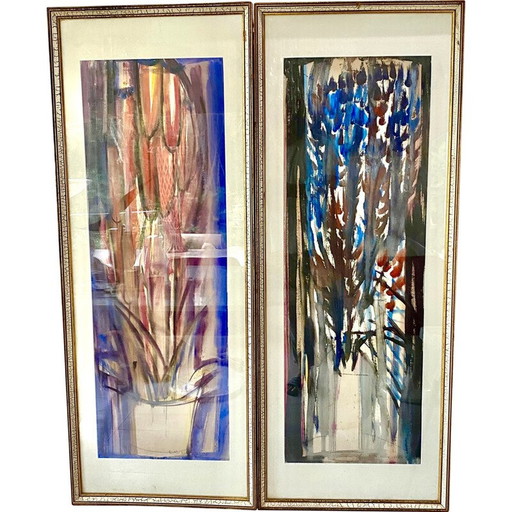 Paar alte Gouache-Gemälde, Spanien 1960