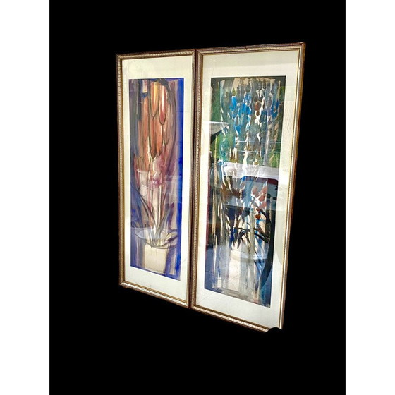 Image 1 of Paar alte Gouache-Gemälde, Spanien 1960