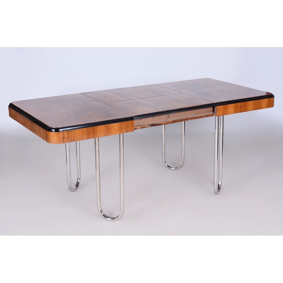 Image 1 of Vintage Bauhaus ausziehbarer Esstisch in Nussbaumfurnier und Chrom, Tschechoslowakei 1930