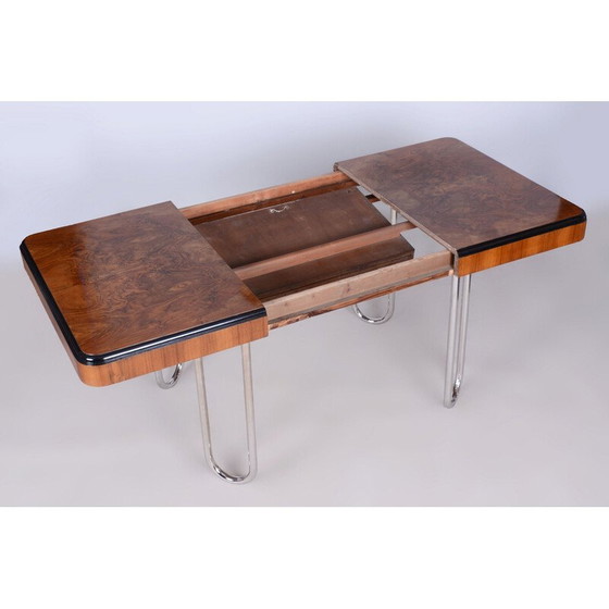Image 1 of Vintage Bauhaus ausziehbarer Esstisch in Nussbaumfurnier und Chrom, Tschechoslowakei 1930