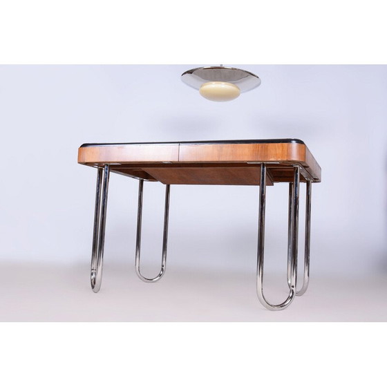 Image 1 of Vintage Bauhaus ausziehbarer Esstisch in Nussbaumfurnier und Chrom, Tschechoslowakei 1930