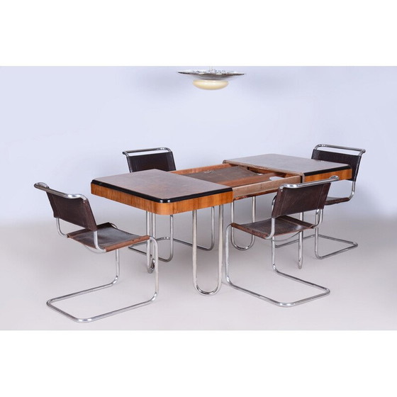 Image 1 of Vintage Bauhaus ausziehbarer Esstisch in Nussbaumfurnier und Chrom, Tschechoslowakei 1930