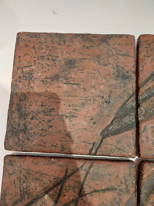 1X 4 Stück Brutalistische Wanddekoration aus Schamotte-Fliesen