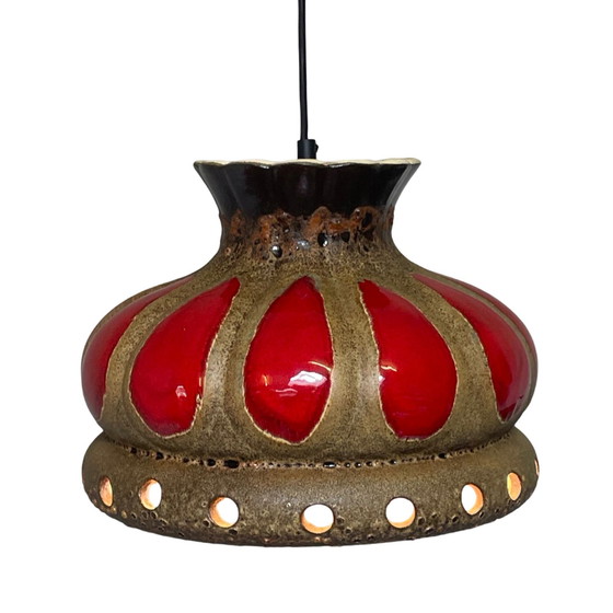 Image 1 of Fat Lava - UFO-förmige Keramik-Hängeampel - Midcentury - Deutschland - BOHO - Rot und Beige