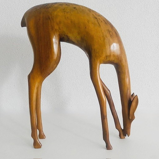 Mid Century Holzstatue Hirsch Antilope Gazelle XL 1960er Jahre