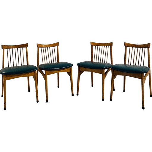 Satz von 4 Stühlen aus Buche und grünem Kunstleder, Italien 1960
