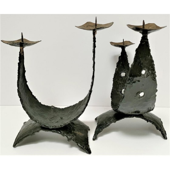 Image 1 of Paar skulpturale Kerzenständer aus Metall im Stil des Brutalismus, 1970