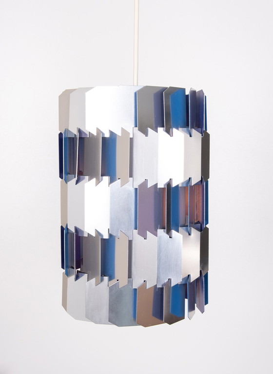 Image 1 of Silberne und blaue Facettenlampe von Louis Weisdorf für Lyfa, Dänemark aus den 1960er Jahren
