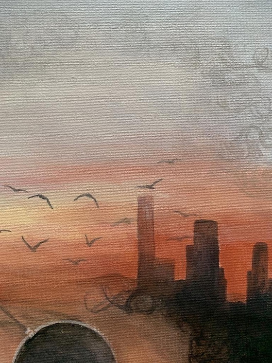 Image 1 of Acryl Auf Platte 50X50 Cm - Handsigniert - Die Harmonie zwischen Stadtleben und Natur