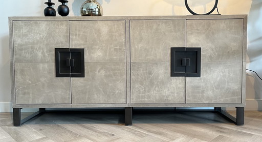 Sideboard aus Eiche mit Leder und Stahlbein