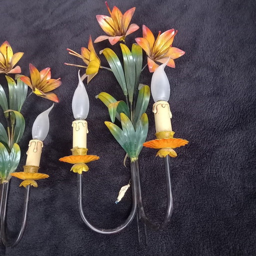 Paar Antike Wandlampen Xx Blech Blumen Lilie Vintage 20.