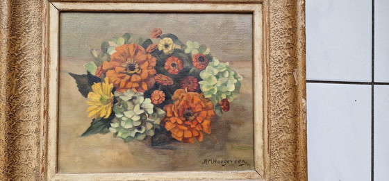 Image 1 of Blumen in der Vase - Hortensien, Zinnien & Goldblumen - Maler D.M. Hoogeveen