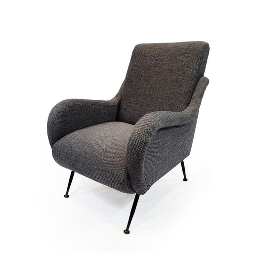 Vintage-Sessel mit Messingfüßen und grauer Stoffpolsterung, 1950er Jahre