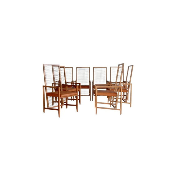 Image 1 of Satz von 8 Holzsesseln und Ledersitzen im Vintage-Stil, Italien 1960