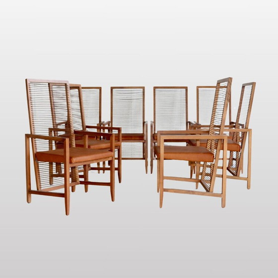 Image 1 of Satz von 8 Holzsesseln und Ledersitzen im Vintage-Stil, Italien 1960