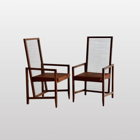 Image 1 of Satz von 8 Holzsesseln und Ledersitzen im Vintage-Stil, Italien 1960