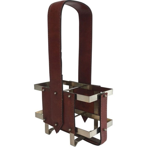 Vintage-Flaschenhalter aus gebürstetem Stahl und Leder