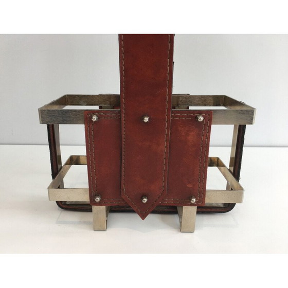 Image 1 of Vintage-Flaschenhalter aus gebürstetem Stahl und Leder