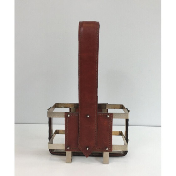 Image 1 of Vintage-Flaschenhalter aus gebürstetem Stahl und Leder