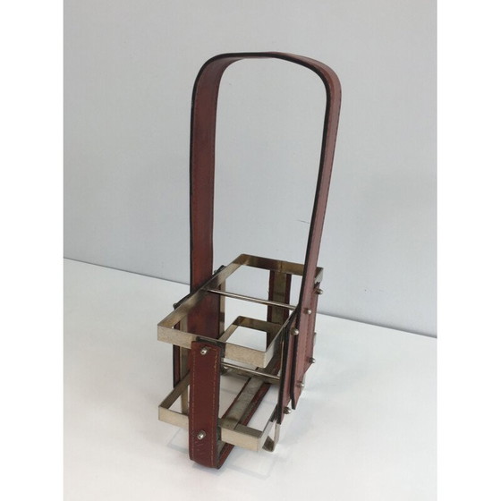 Image 1 of Vintage-Flaschenhalter aus gebürstetem Stahl und Leder