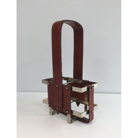 Image 1 of Vintage-Flaschenhalter aus gebürstetem Stahl und Leder