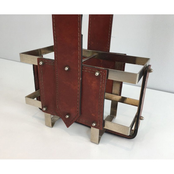 Image 1 of Vintage-Flaschenhalter aus gebürstetem Stahl und Leder