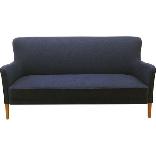 Dreisitzer-Sofa, neu gepolstert mit blauer Wolle, Dänemark 1940