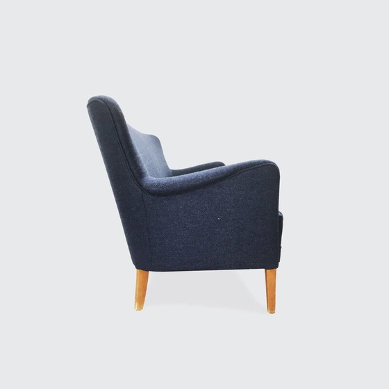 Image 1 of Dreisitzer-Sofa, neu gepolstert mit blauer Wolle, Dänemark 1940