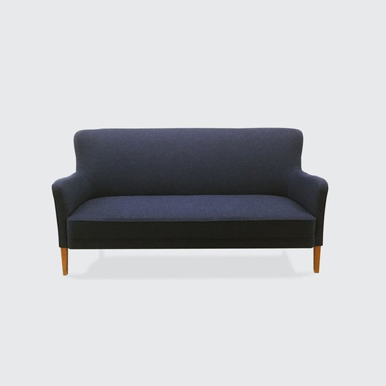 Image 1 of Dreisitzer-Sofa, neu gepolstert mit blauer Wolle, Dänemark 1940