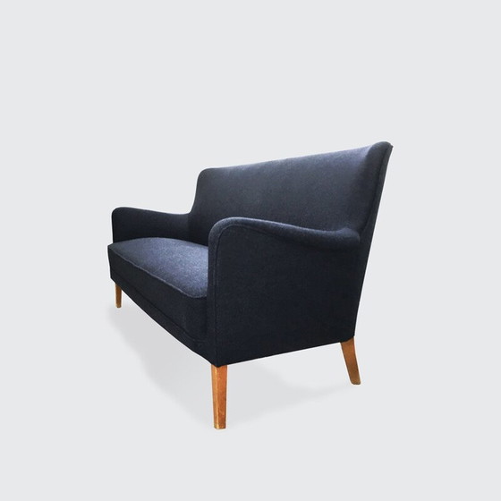 Image 1 of Dreisitzer-Sofa, neu gepolstert mit blauer Wolle, Dänemark 1940