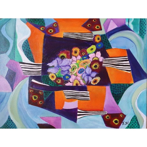 Vintage-Acrylgemälde "Verhör" von Jocelyne Hoffelt, 2021