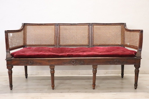 Antikes Sofa mit Stühlen aus Holz und Wiener Stroh, 18. Jahrhundert