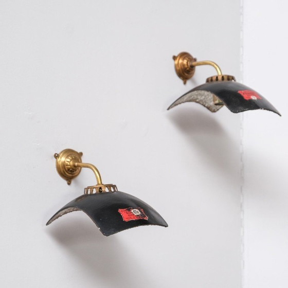 Image 1 of Paar alte Wandlampen aus Quecksilberglas und Messing, England 1920er Jahre