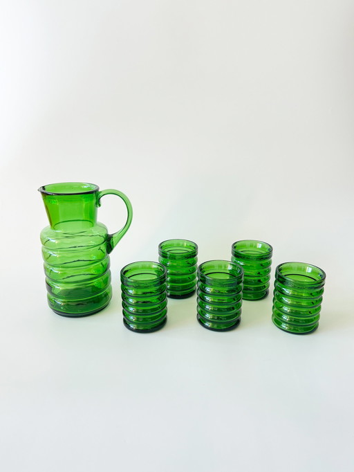 Vintage Gläser Und Karaffe Set, 6-Teilig, Grünes Trinkset Aus Glas, Bubble-Glass