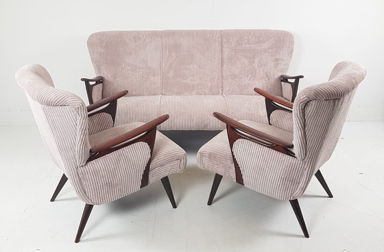 Image 1 of Vintage Sessel + Sofa | Sofa-Set Rosa gerippten Stoff neue Teak