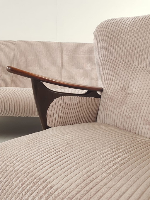 Vintage Sessel + Sofa | Sofa-Set Rosa gerippten Stoff neue Teak