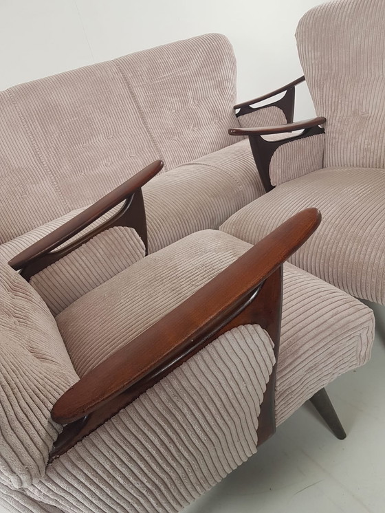 Image 1 of Vintage Sessel + Sofa | Sofa-Set Rosa gerippten Stoff neue Teak