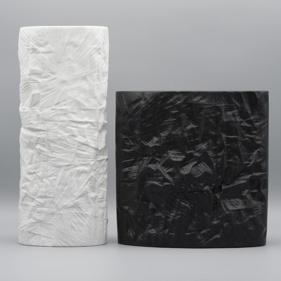 Image 1 of Martin Freyer Rosenthal Bisque Porcelaine Noire Papierrelief Vase Duo Op Art 70S