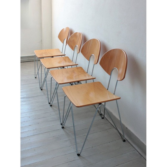 Image 1 of Set aus 4 Vintage Mikado 1800 Stühlen aus Stahl und Holz von Walter Leeman für Kusch+Co.
