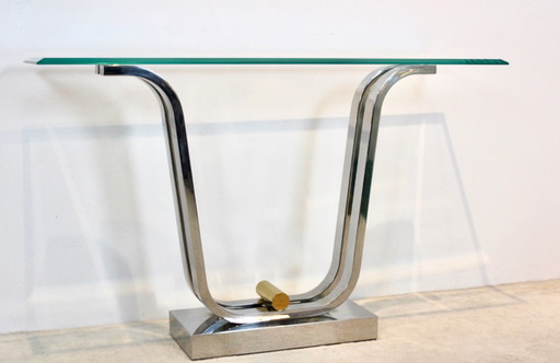 Minimalistischer, geschwungener Konsolentisch aus Edelstahl, Messing und Glas