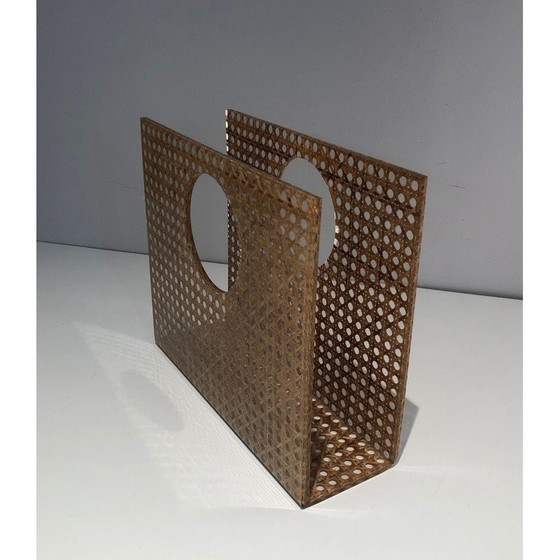 Image 1 of Vintage Zeitschriftenständer "Handtasche" aus Plexiglas, Messing und Rohr, Frankreich 1970er