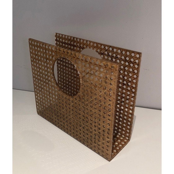 Image 1 of Vintage Zeitschriftenständer "Handtasche" aus Plexiglas, Messing und Rohr, Frankreich 1970er