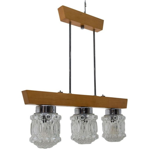 Vintage Holz und Glas Kronleuchter mit orientalischen cloc Brutalismus, Tschechoslowakei 1970