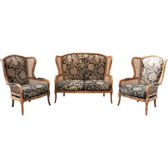 Image 1 of Vintage-Wohnzimmergarnitur aus Bambus, Stoff und Korbgeflecht, Italien 1980