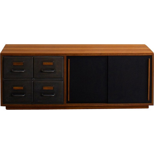 Vintage Sideboard aus Teakholz und Metall mit 2 schwarzen Schiebetüren