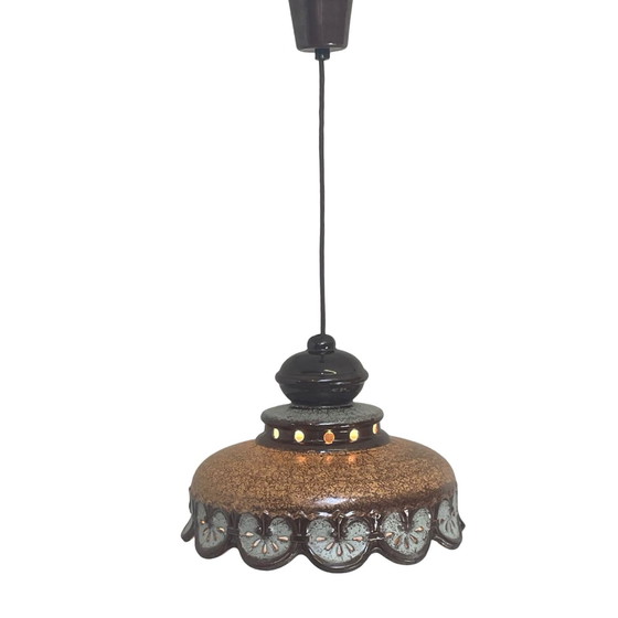 Image 1 of Fat Lava - UFO-förmige Keramik Hängeampel - Midcentury - Deutschland - BOHO - Braun, rockiges Motiv