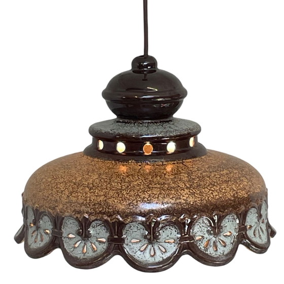 Image 1 of Fat Lava - UFO-förmige Keramik Hängeampel - Midcentury - Deutschland - BOHO - Braun, rockiges Motiv