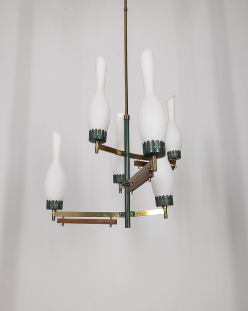 Vintage 1950S Kronleuchter in grünem Metall Messing und Glas italienisches Design