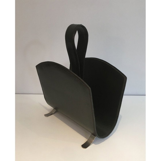 Image 1 of Zeitschriftenständer aus Leder und gebürstetem Stahl, Frankreich 1950